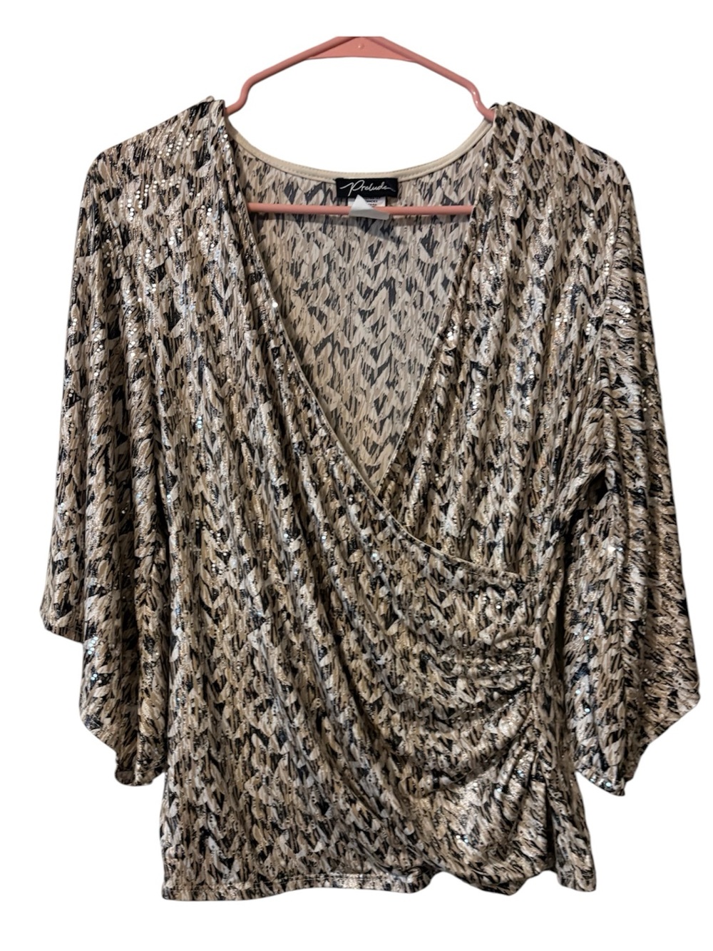 Petite Printed Taupe & Silver Wrap Blouse by Pendleton